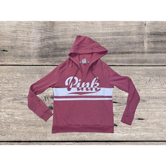 Victoria Secret Pink Women’s Spell Out V-Neck Pink Hoodie Size Medium - Picture 1 of 5
